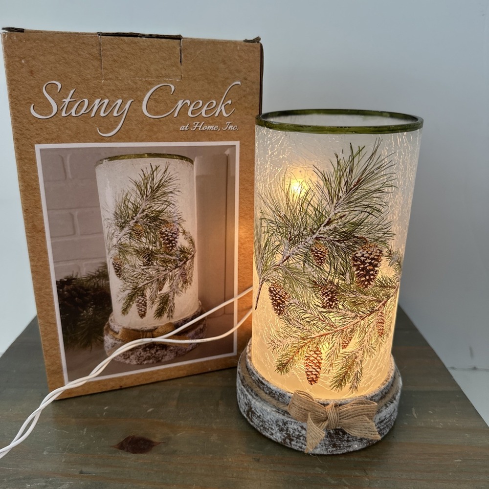 Stony Creek Hurricane Lighted Glass Accent Pre-Lit Pine Branches Snow Christmas